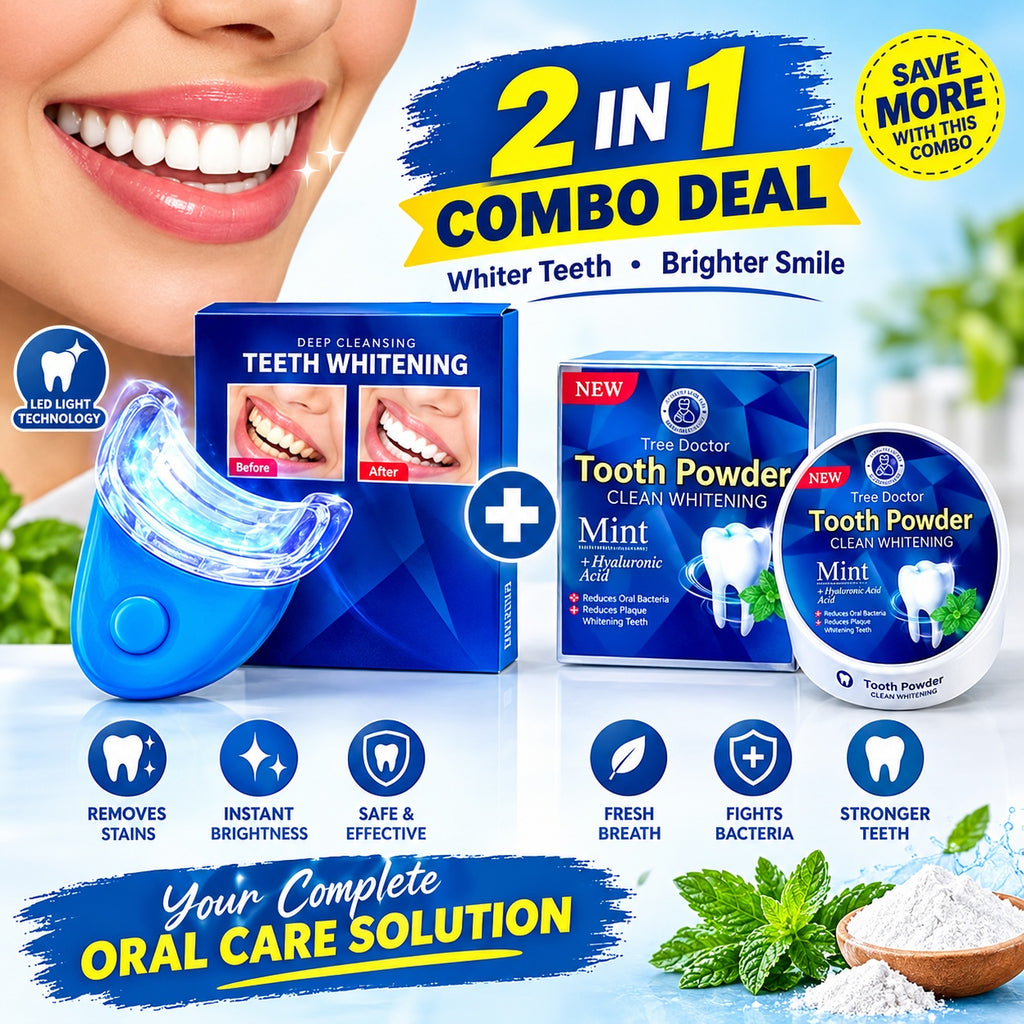 2-in-1 Teeth Whitening Powder + Blue LED Whitening Light Combo Deal
