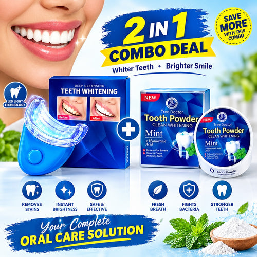 2-in-1 Teeth Whitening Powder + Blue LED Whitening Light Combo Deal