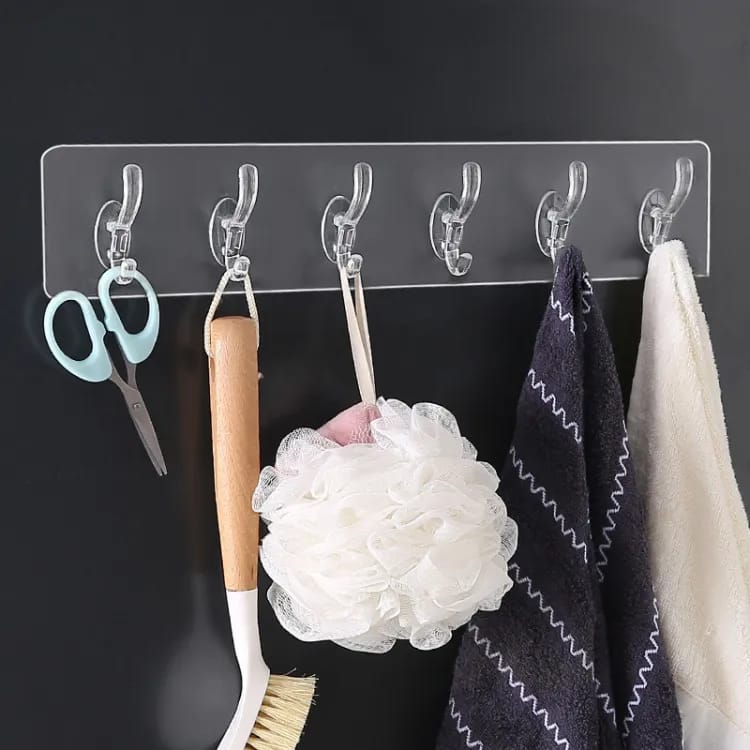 6 Row Transparent Wall Hooks Self Adhesive Clothes Coat Door Hanger Towel Key Holder Bathroom Kitchen Storage Sticker Hook - pack 2