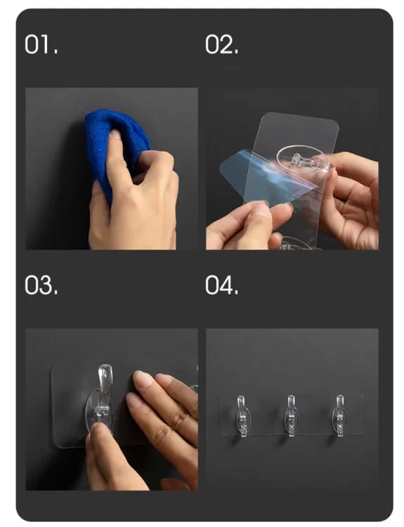 6 Row Transparent Wall Hooks Self Adhesive Clothes Coat Door Hanger Towel Key Holder Bathroom Kitchen Storage Sticker Hook - pack 2