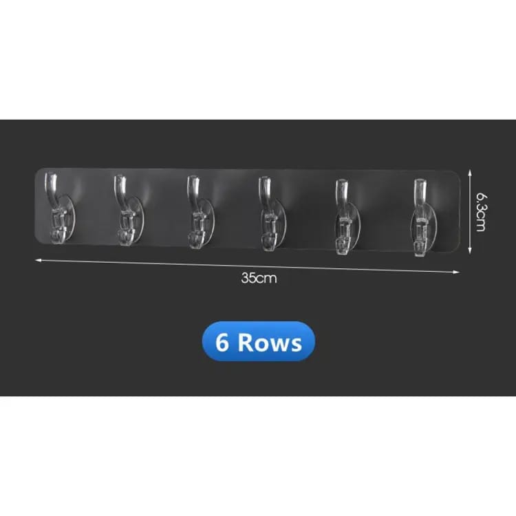 6 Row Transparent Wall Hooks Self Adhesive Clothes Coat Door Hanger Towel Key Holder Bathroom Kitchen Storage Sticker Hook - pack 2
